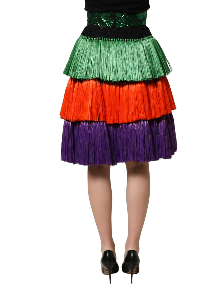 Dolce &amp; Gabbana Multicolor Fringed High Waist Knee Length Skirt