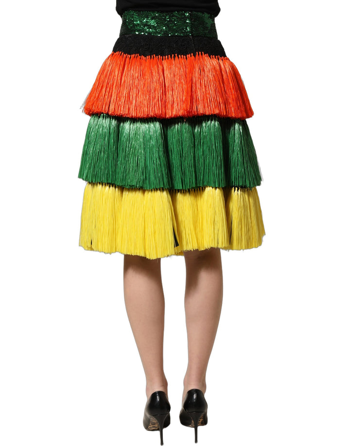 Dolce &amp; Gabbana Multicolor Fringe Sequin High Waist Knee Length Skirt