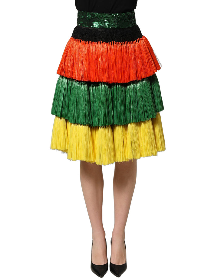Dolce &amp; Gabbana Multicolor Fringe Sequin High Waist Knee Length Skirt