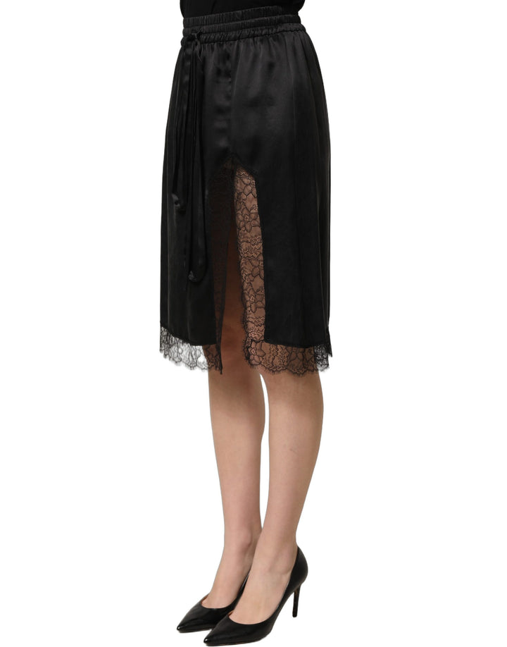 Dolce &amp; Gabbana Black Lace Trimmed Satin Side Slit Skirt