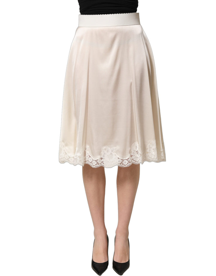 Dolce &amp; Gabbana Off White Lace Trimmed Satin High Waist Skirt