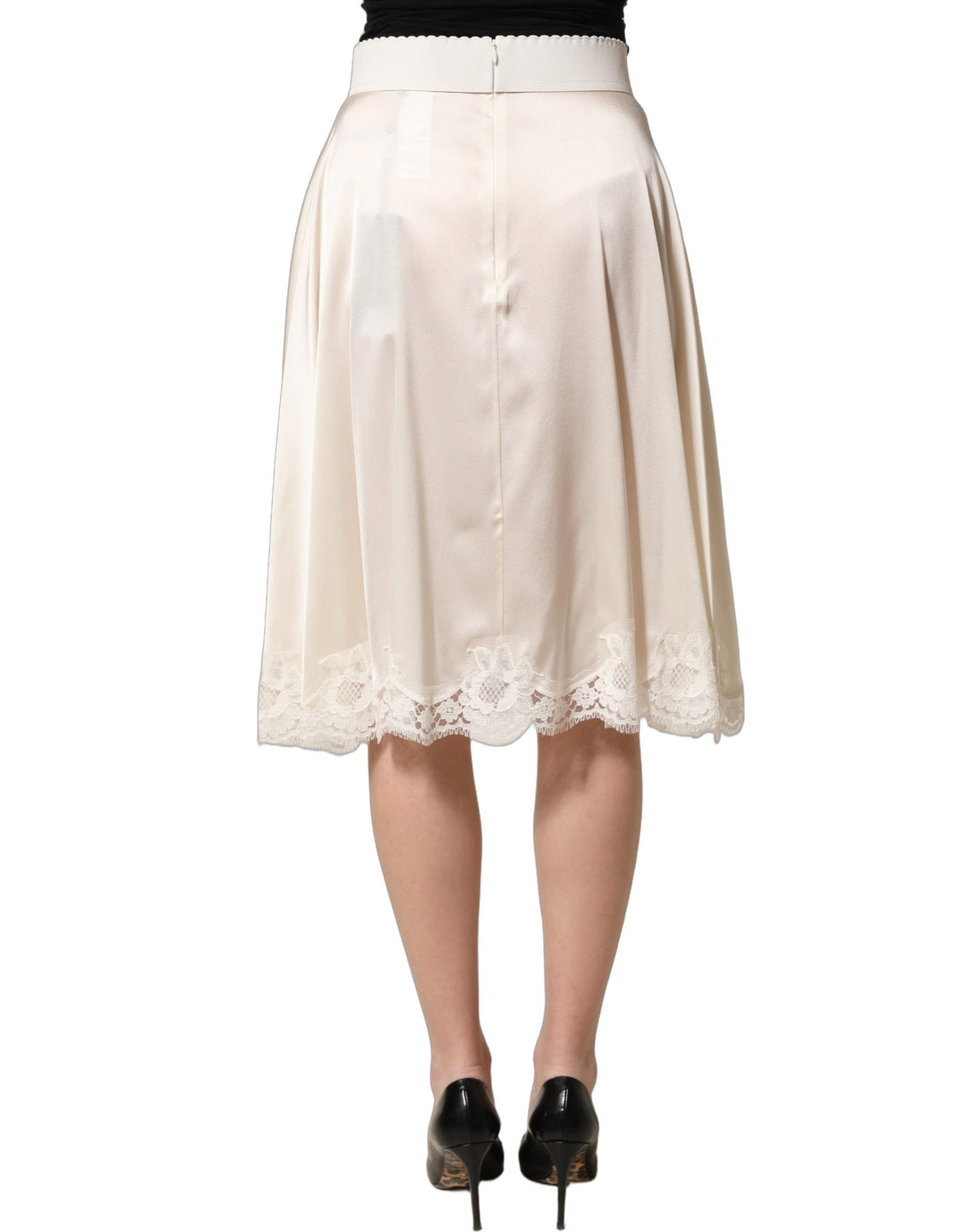 Dolce &amp; Gabbana Off White Lace Trimmed Satin High Waist Skirt