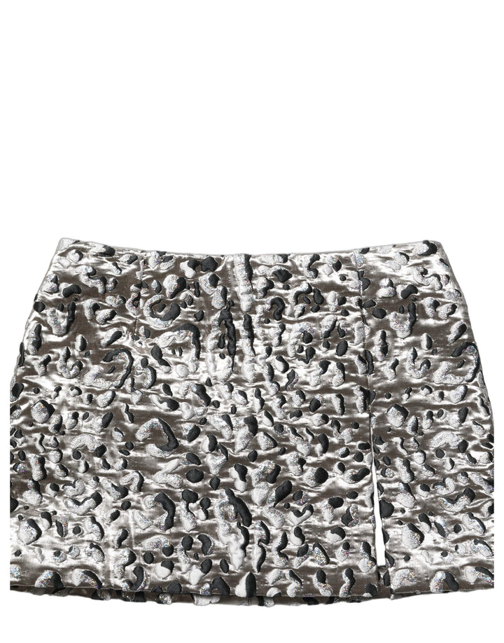 Dolce &amp; Gabbana Silver Leopard Jacquard Mid Waist Mini Skirt