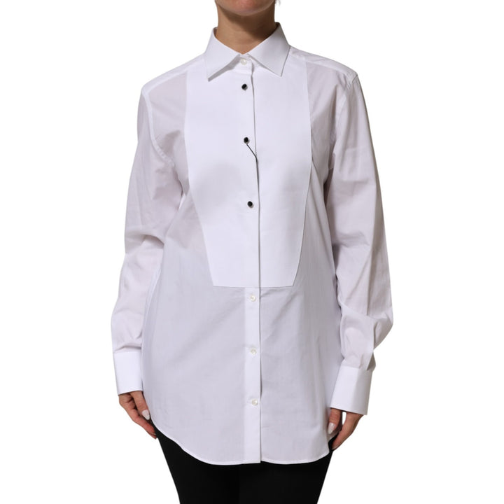 Dolce &amp; Gabbana White Cotton Tuxedo Bib Long Sleeve Dress Shirt