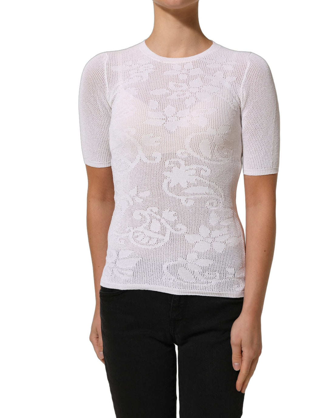 Alpha Studio White Floral Lace Knit Fabric Short Sleeves Blouse Top