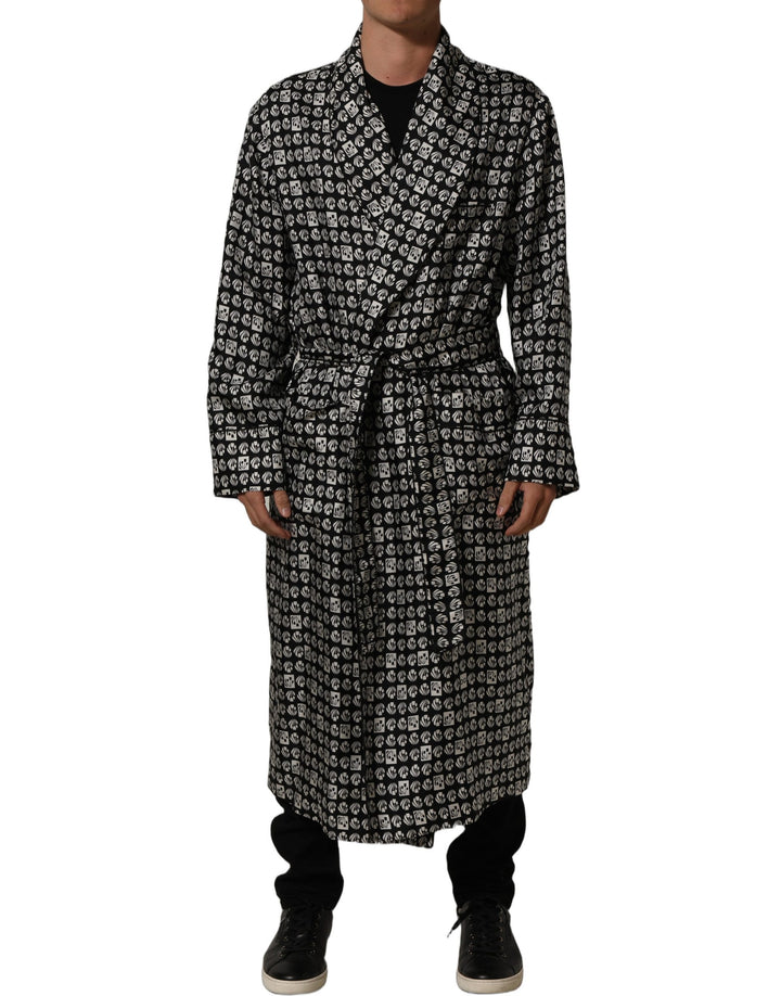 Dolce &amp; Gabbana Black White Silk Men Wrap Robe Coat Jacket