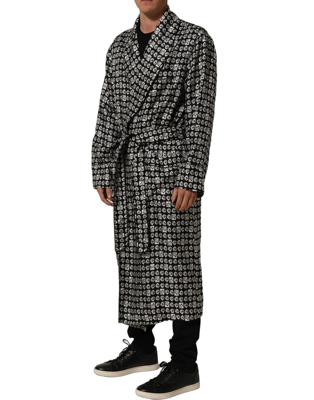 Dolce &amp; Gabbana Black White Silk Men Wrap Robe Coat Jacket