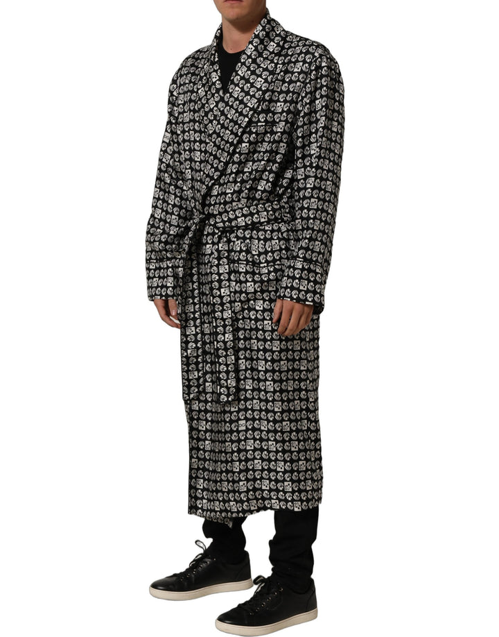 Dolce &amp; Gabbana Black White Silk Men Wrap Robe Coat Jacket