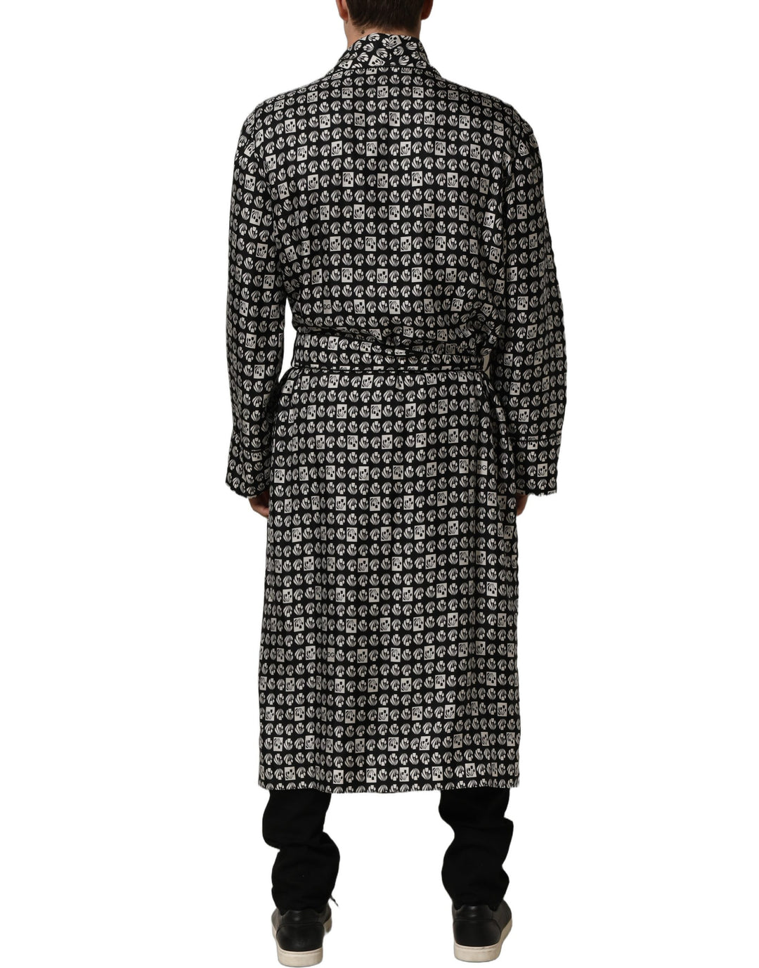 Dolce &amp; Gabbana Black White Silk Men Wrap Robe Coat Jacket