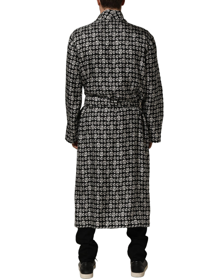 Dolce &amp; Gabbana Black White Silk Men Wrap Robe Coat Jacket