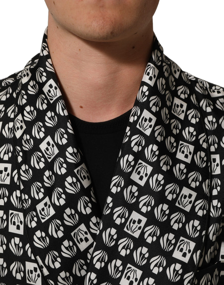 Dolce &amp; Gabbana Black White Silk Men Wrap Robe Coat Jacket