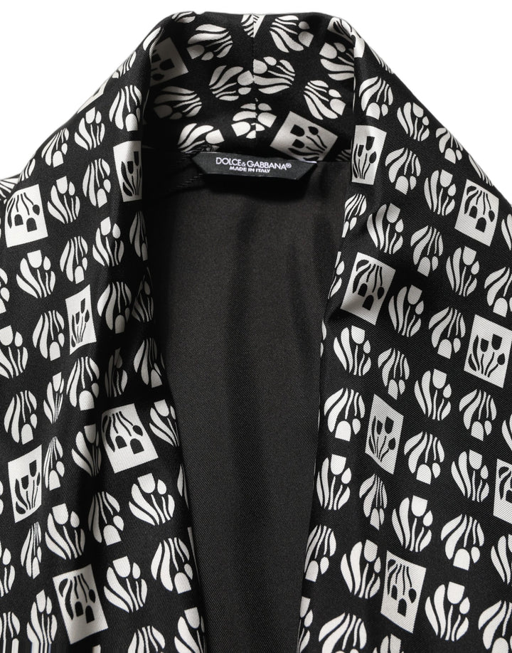 Dolce &amp; Gabbana Black White Silk Men Wrap Robe Coat Jacket