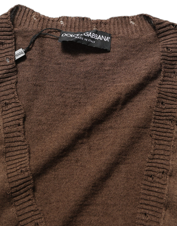 Dolce &amp; Gabbana Brown Flax Buttoned V-neck Pullover Sweater