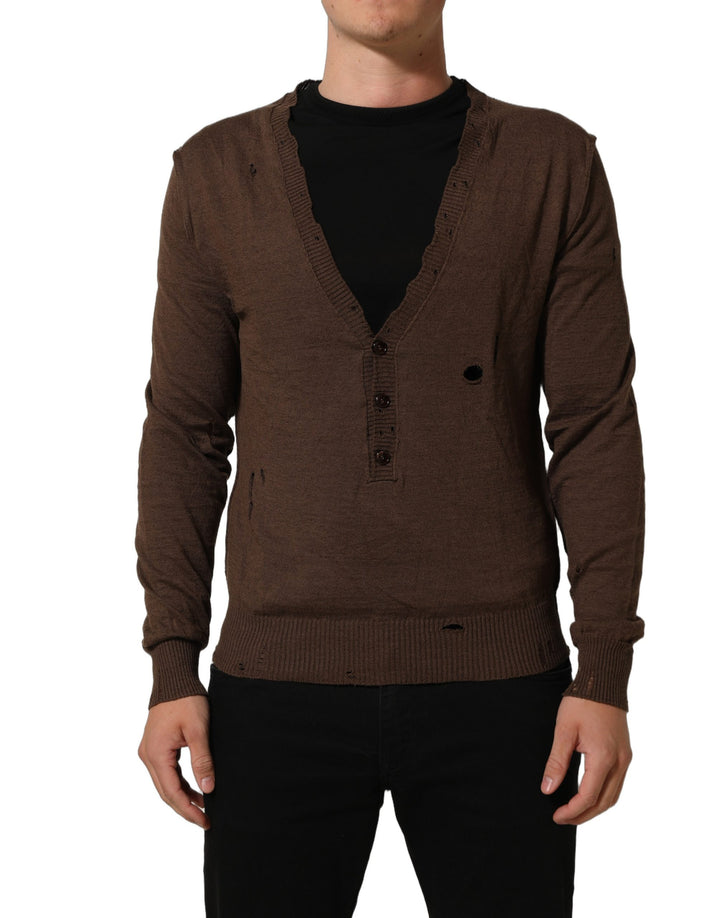 Dolce &amp; Gabbana Brown Flax Buttoned V-neck Pullover Sweater