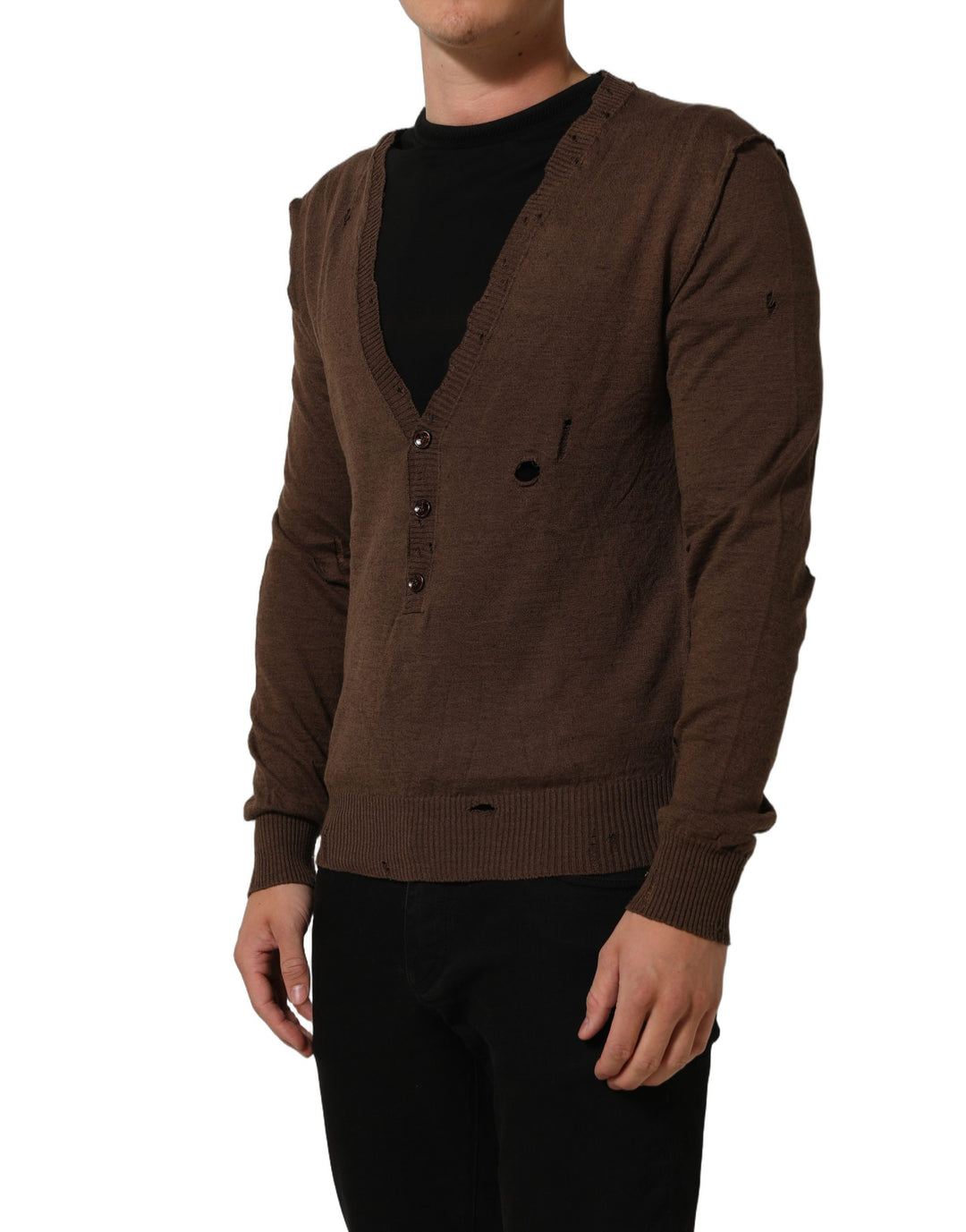 Dolce &amp; Gabbana Brown Flax Buttoned V-neck Pullover Sweater