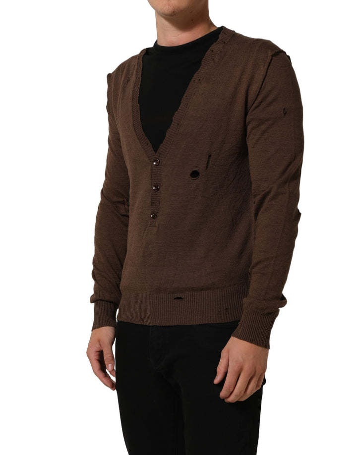 Dolce &amp; Gabbana Brown Flax Buttoned V-neck Pullover Sweater