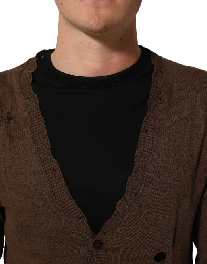 Dolce &amp; Gabbana Brown Flax Buttoned V-neck Pullover Sweater