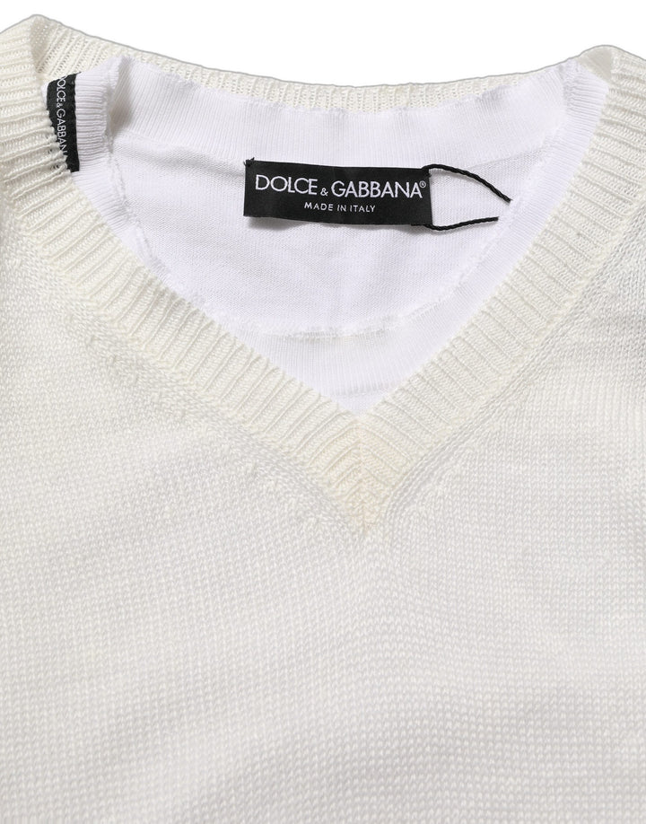 Dolce &amp; Gabbana White Flax CrewNeck Layered Pullover Sweater