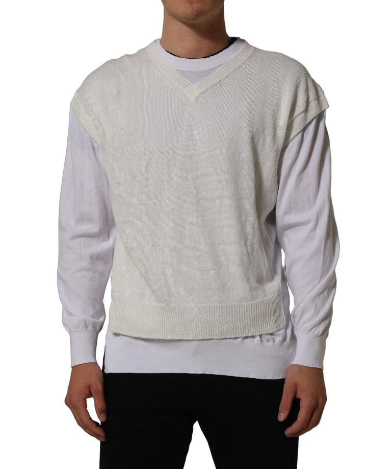 Dolce &amp; Gabbana White Flax CrewNeck Layered Pullover Sweater