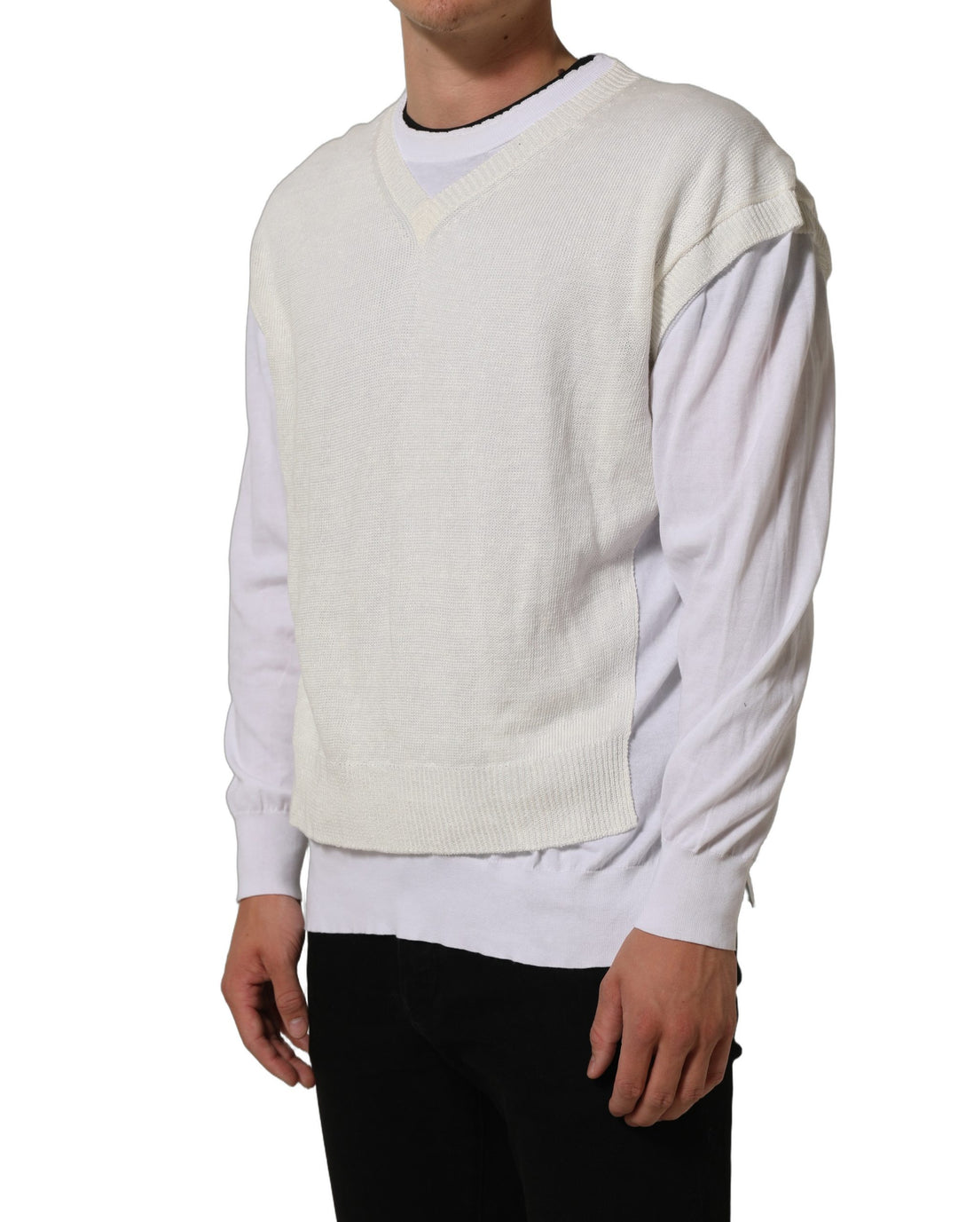 Dolce &amp; Gabbana White Flax CrewNeck Layered Pullover Sweater