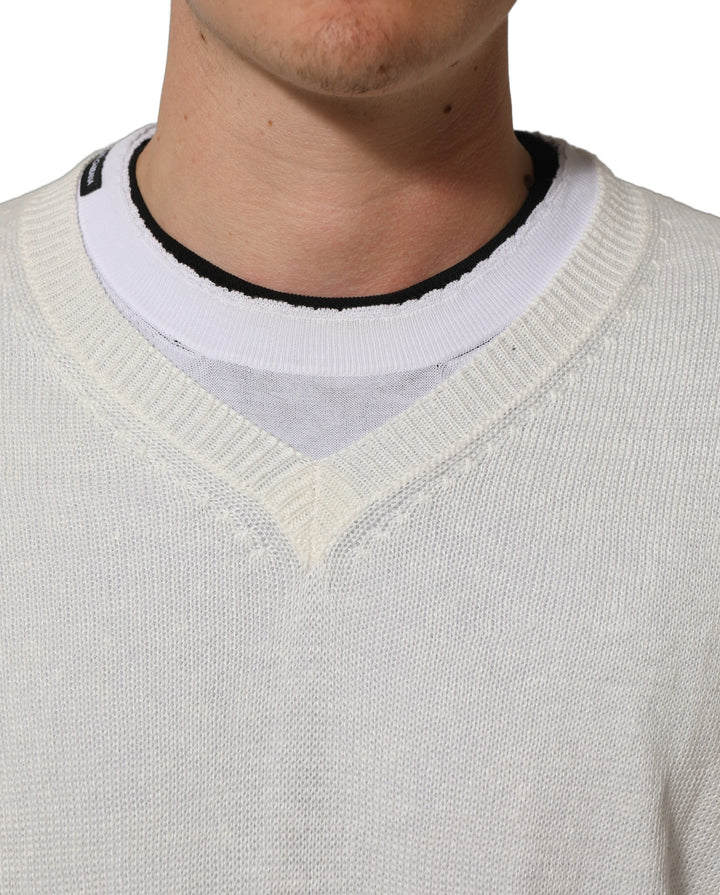 Dolce &amp; Gabbana White Flax CrewNeck Layered Pullover Sweater