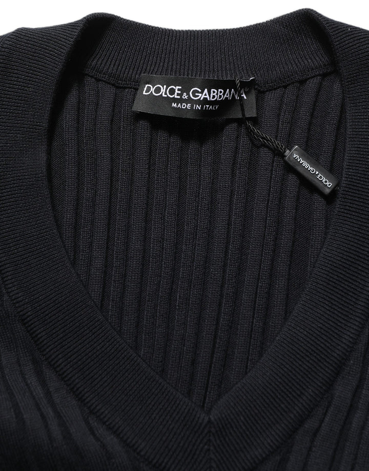 Dolce &amp; Gabbana Black Silk Blend V-neck Pullover Men Sweater