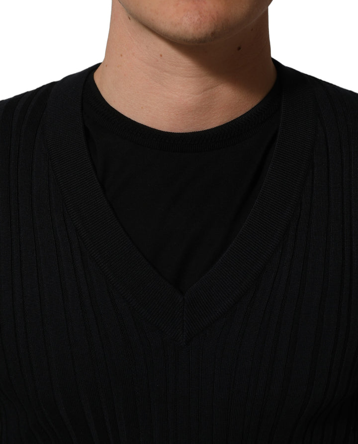 Dolce &amp; Gabbana Black Silk Blend V-neck Pullover Men Sweater