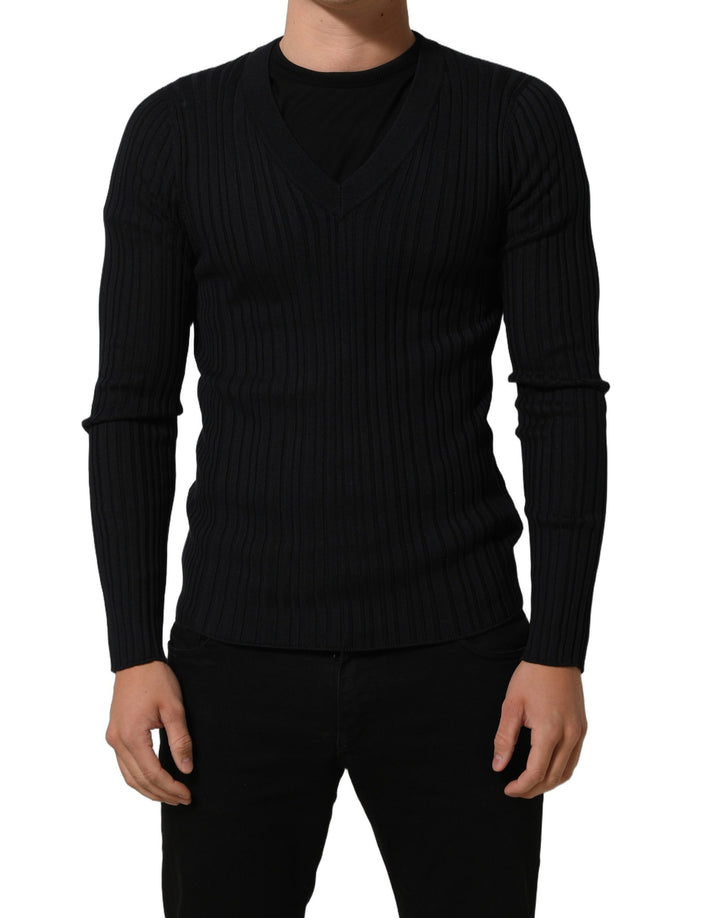 Dolce &amp; Gabbana Black Silk Blend V-neck Pullover Men Sweater