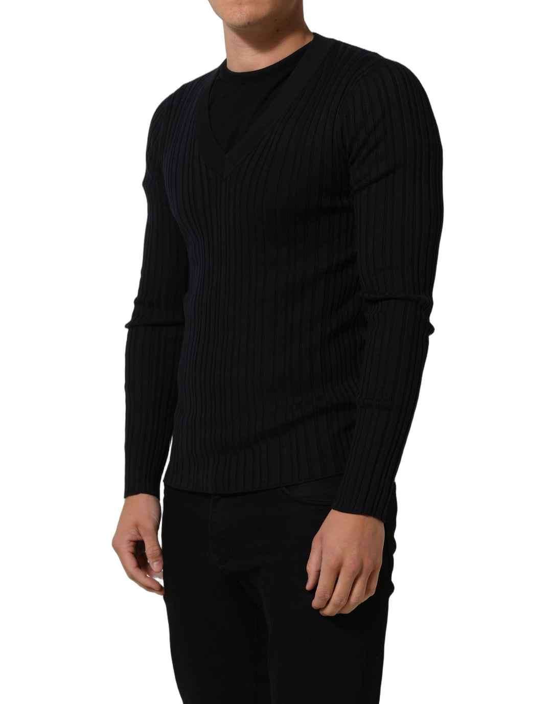 Dolce &amp; Gabbana Black Silk Blend V-neck Pullover Men Sweater