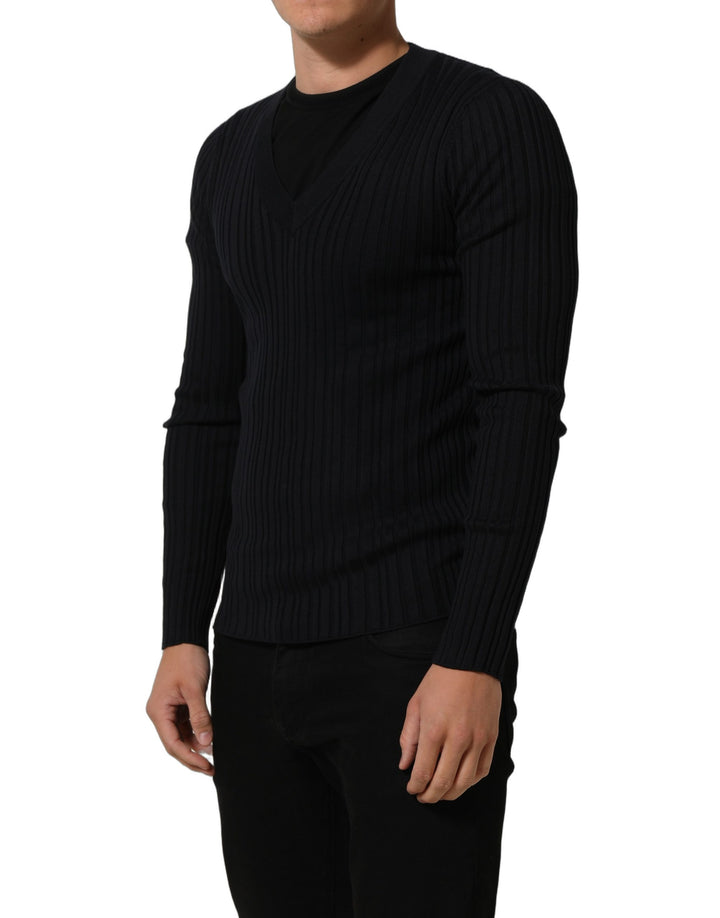 Dolce &amp; Gabbana Black Silk Blend V-neck Pullover Men Sweater