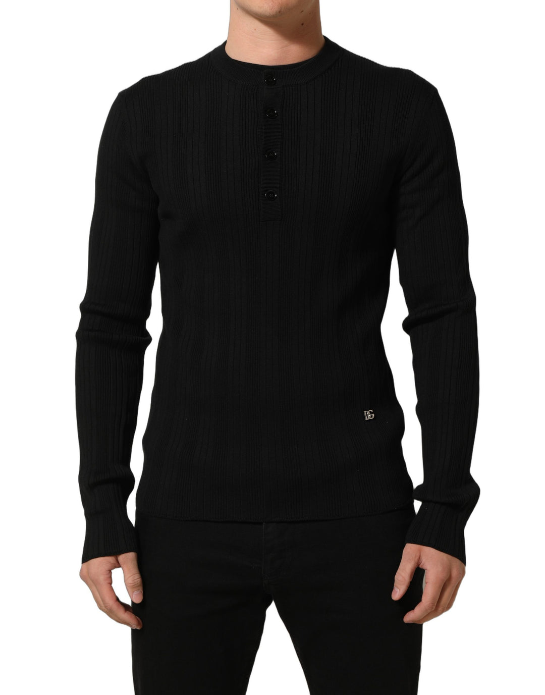 Dolce &amp; Gabbana Black Silk Blend Henley Pullover Men Sweater