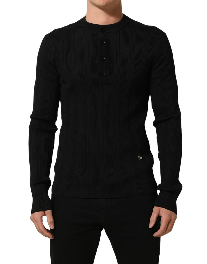 Dolce &amp; Gabbana Black Silk Blend Henley Pullover Men Sweater