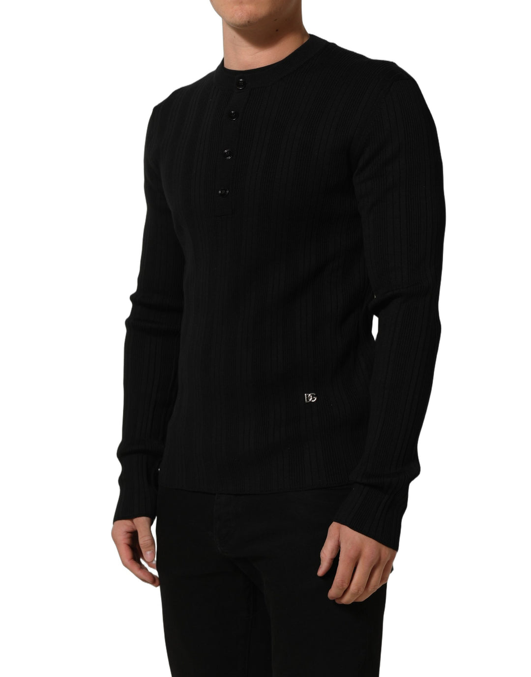 Dolce &amp; Gabbana Black Silk Blend Henley Pullover Men Sweater