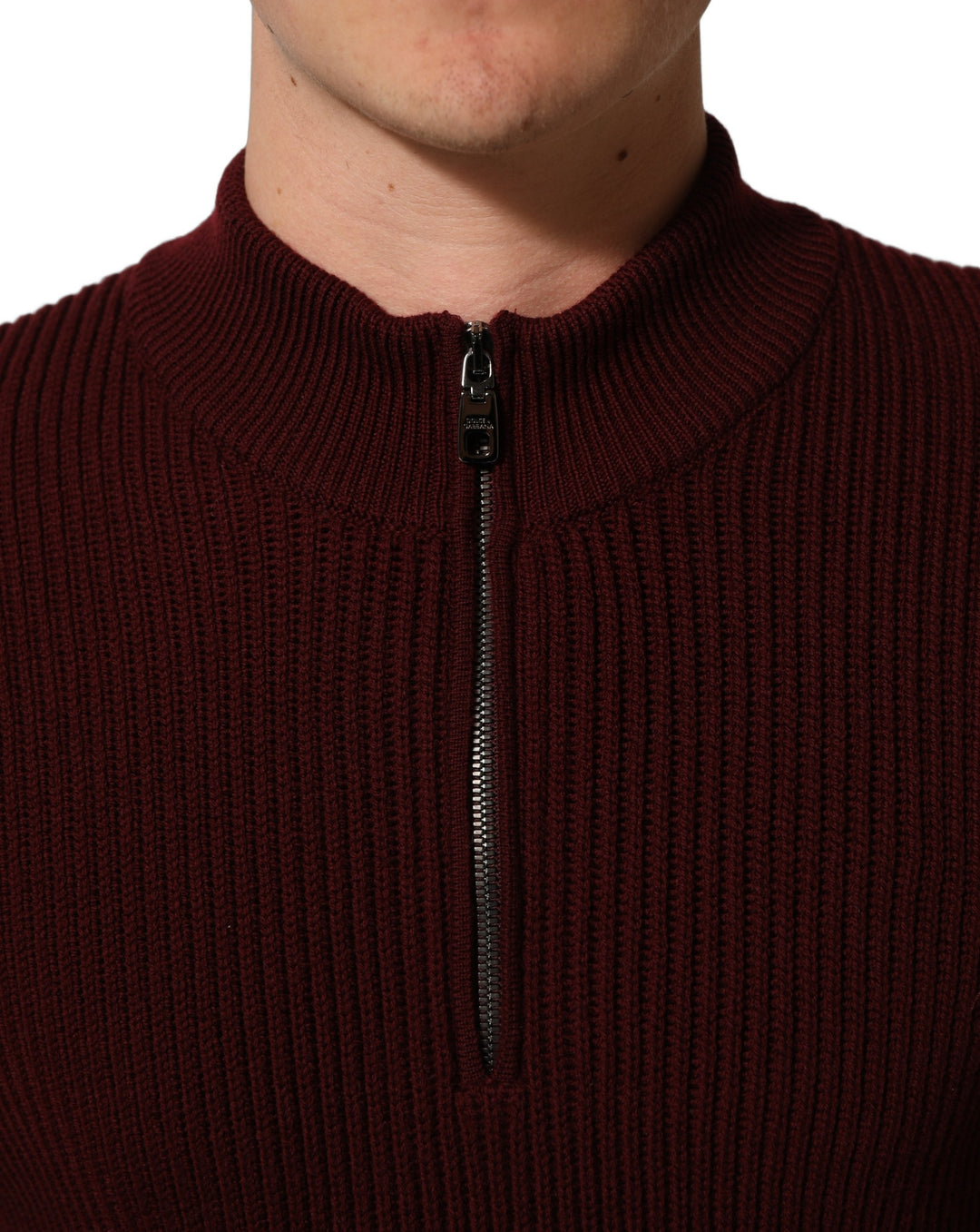Dolce &amp; Gabbana Burgundy Wool Half Zip Men Pullover Sweater