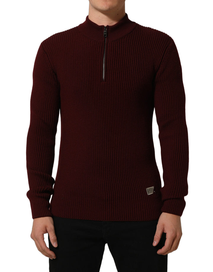 Dolce &amp; Gabbana Burgundy Wool Half Zip Men Pullover Sweater