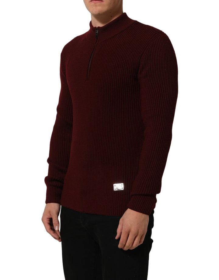 Dolce &amp; Gabbana Burgundy Wool Half Zip Men Pullover Sweater