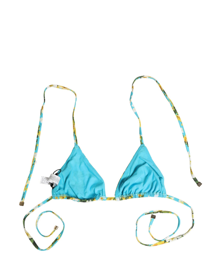 Dolce &amp; Gabbana Blue Floral Print Nylon Halter Bikini Top Swimwear