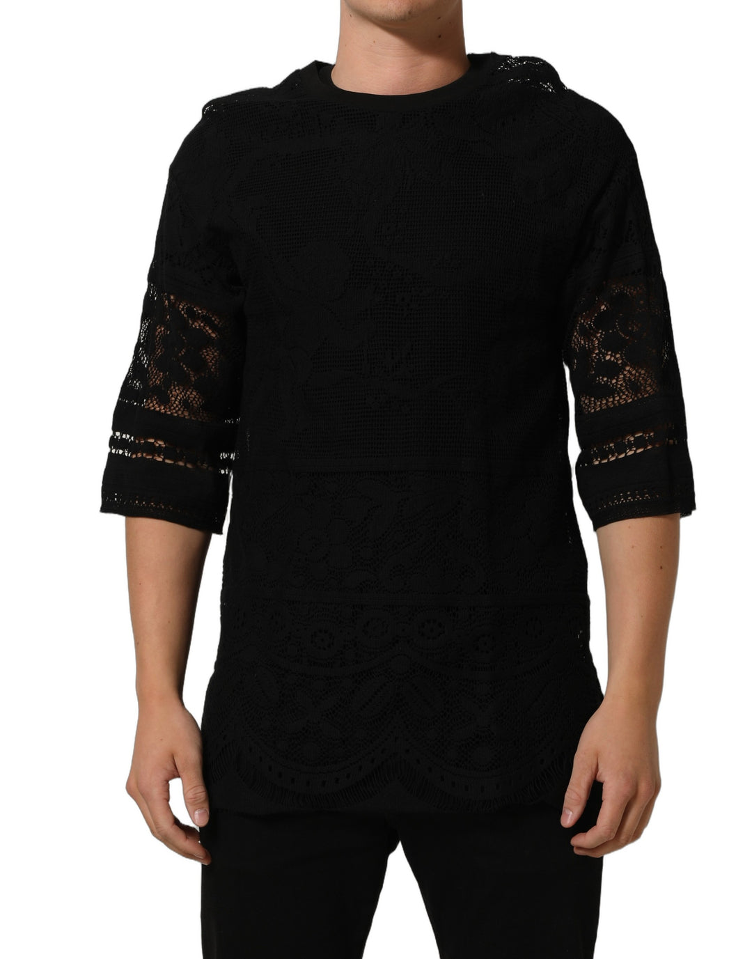 Dolce &amp; Gabbana Black Cotton Floral Lace Crew Neck T-shirt