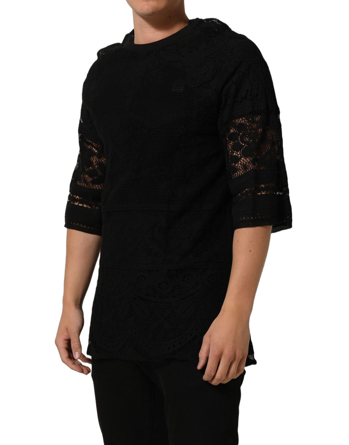 Dolce &amp; Gabbana Black Cotton Floral Lace Crew Neck T-shirt
