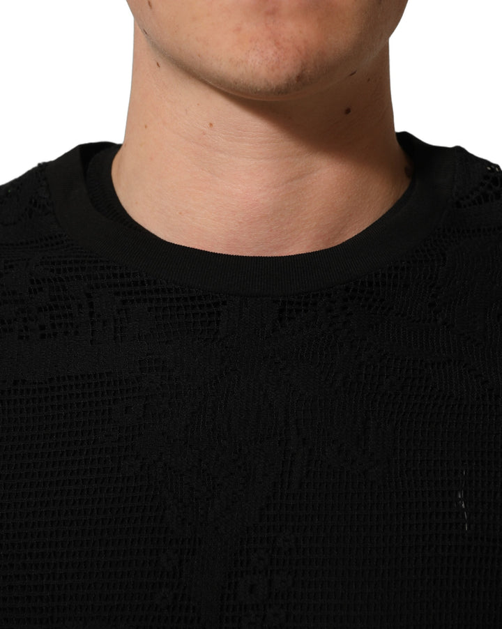 Dolce &amp; Gabbana Black Cotton Floral Lace Crew Neck T-shirt