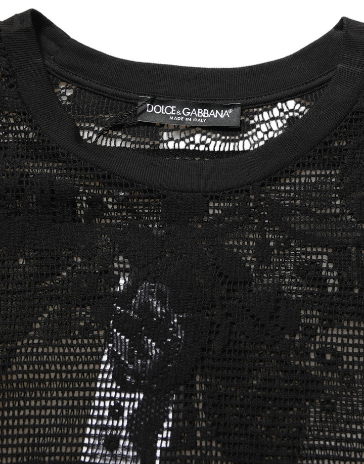 Dolce &amp; Gabbana Black Cotton Floral Lace Crew Neck T-shirt