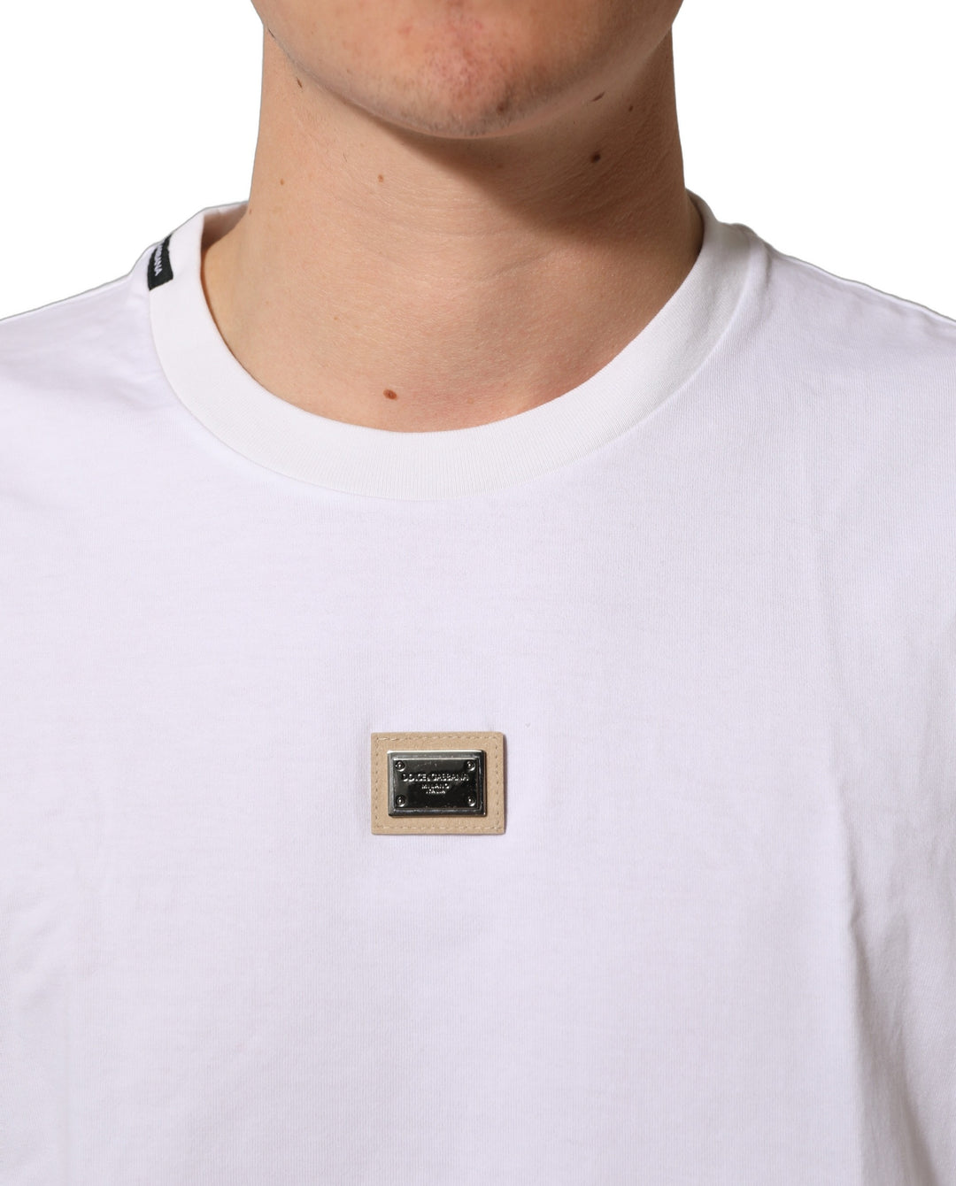 Dolce &amp; Gabbana White Cotton Logo Plaque Crew Neck T-shirt