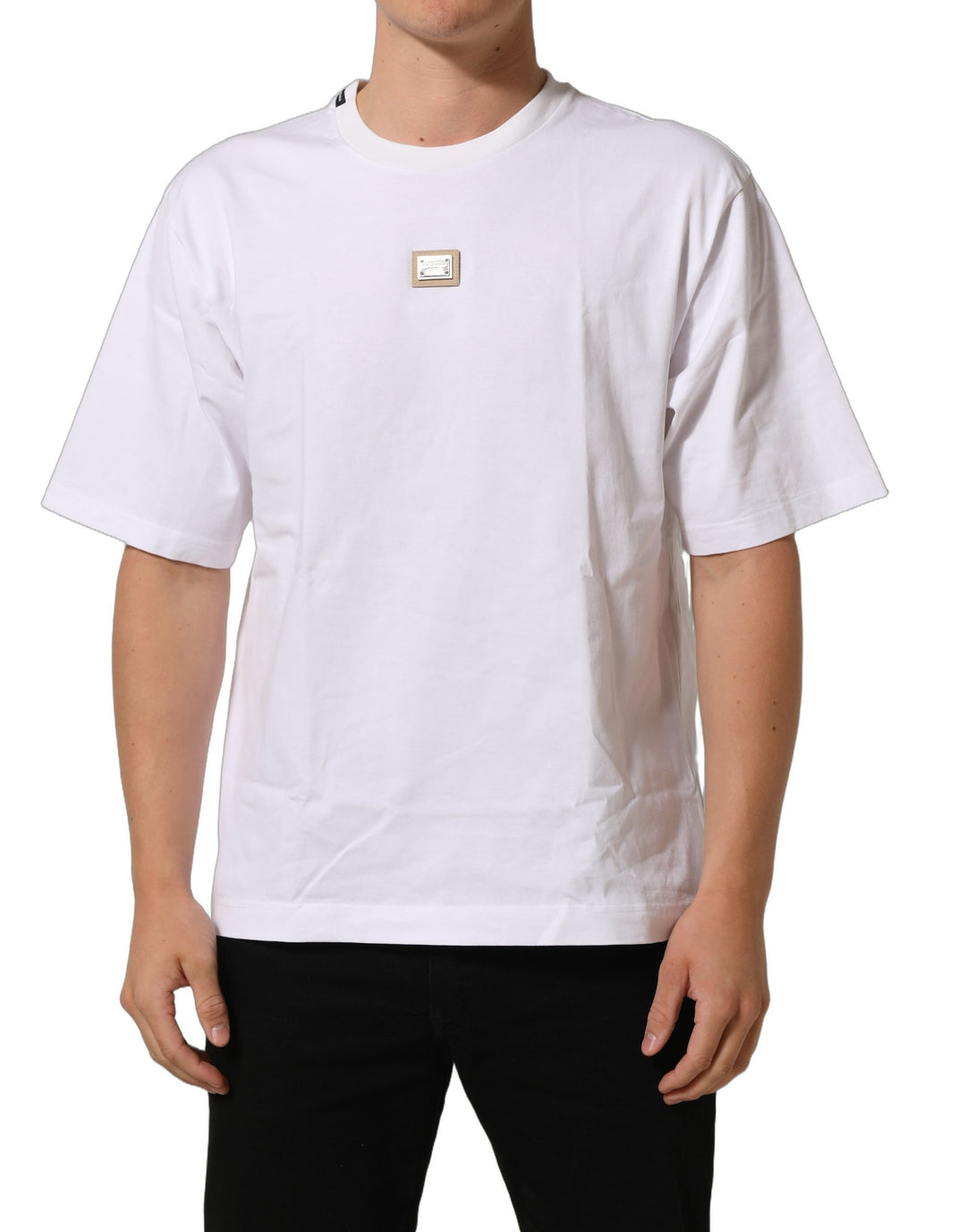 Dolce &amp; Gabbana White Cotton Logo Plaque Crew Neck T-shirt