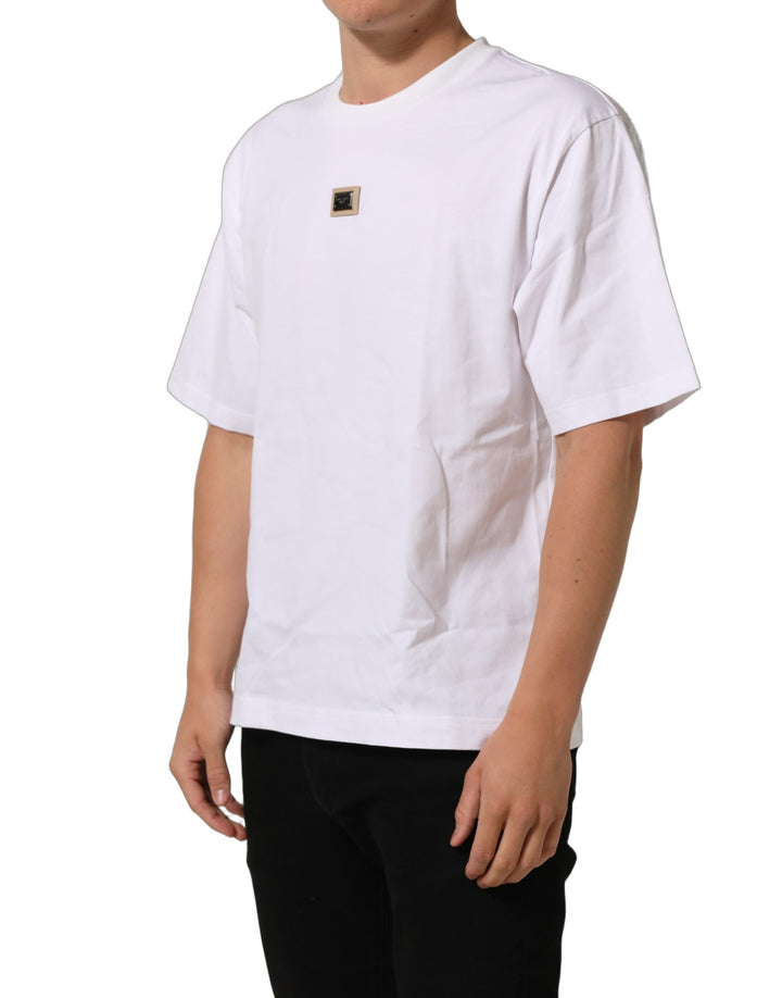 Dolce &amp; Gabbana White Cotton Logo Plaque Crew Neck T-shirt