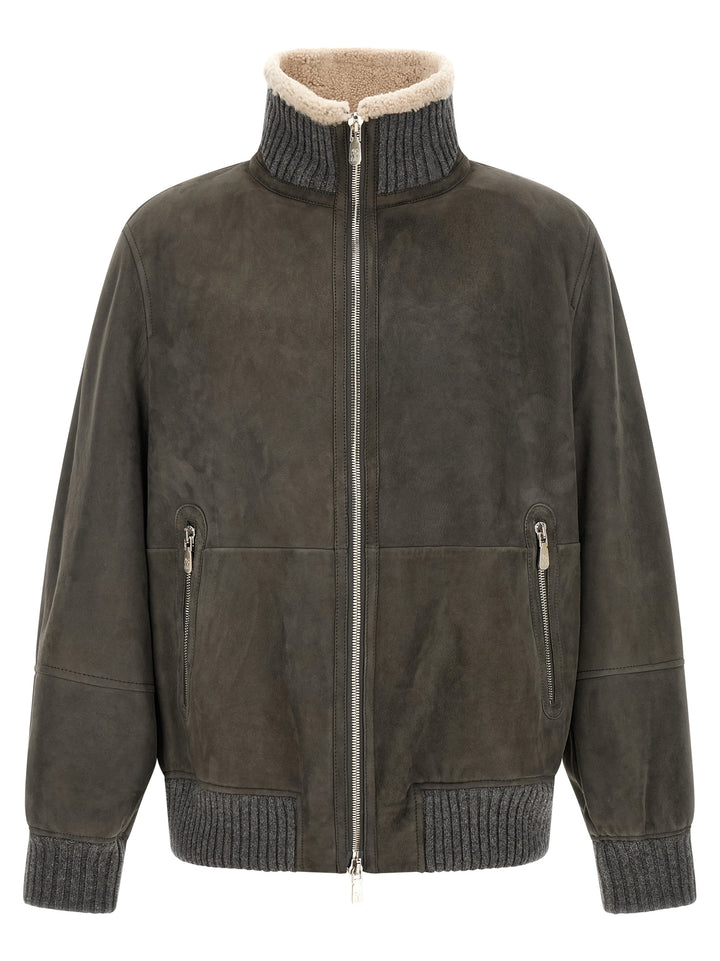 Brunello Cucinelli Gray Lamb Leather Leather Jacket