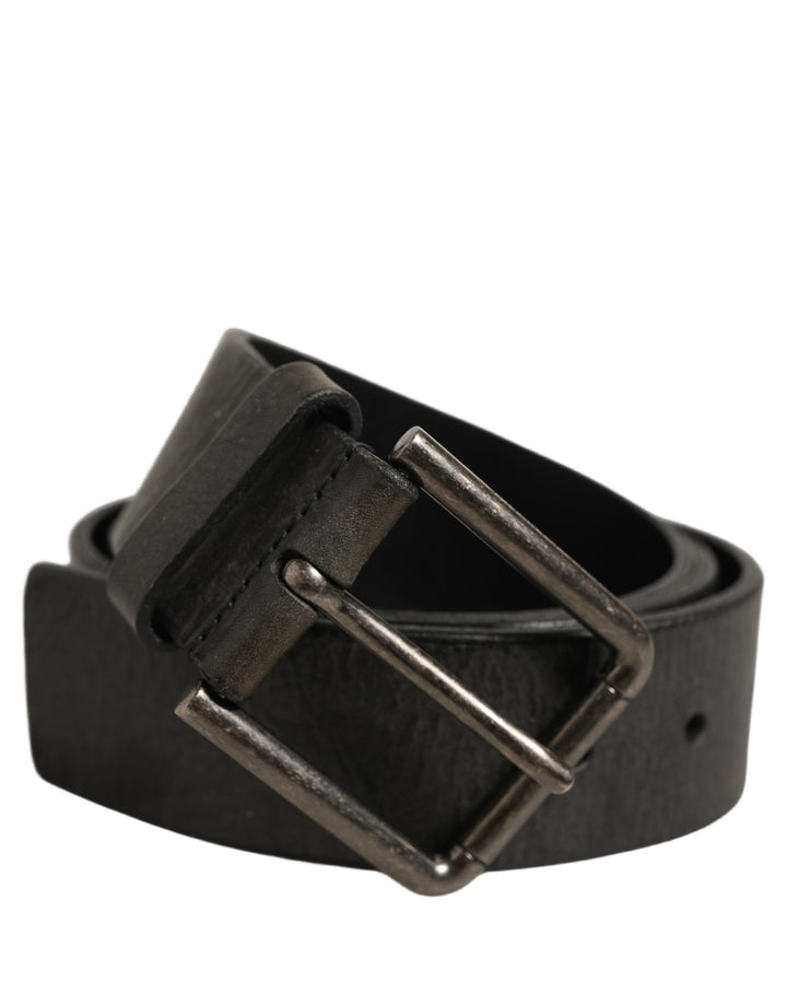 Dolce &amp; Gabbana Black Leather Brushed Metal Buckle Men Belt