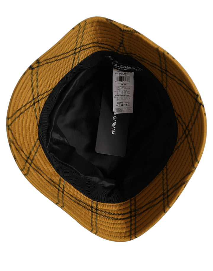 Dolce &amp; Gabbana Men Dark Yellow Check Wide Brim Bucket Cap Hat