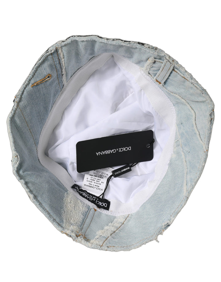 Dolce &amp; Gabbana Men Blue Patchwork Cotton Denim Bucket Cap Hat