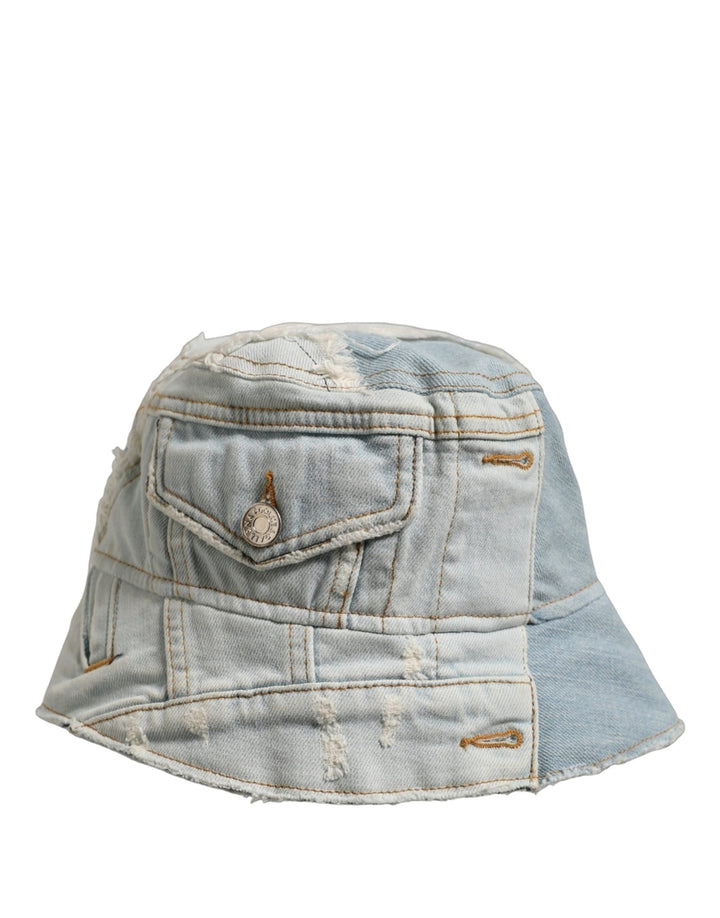 Dolce &amp; Gabbana Men Blue Patchwork Cotton Denim Bucket Cap Hat