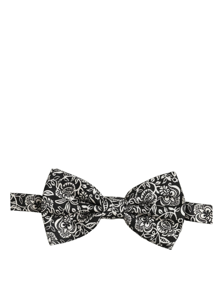 Dolce &amp; Gabbana Tie Black White Paisley Silk Adjustable Neck Papillon Bow